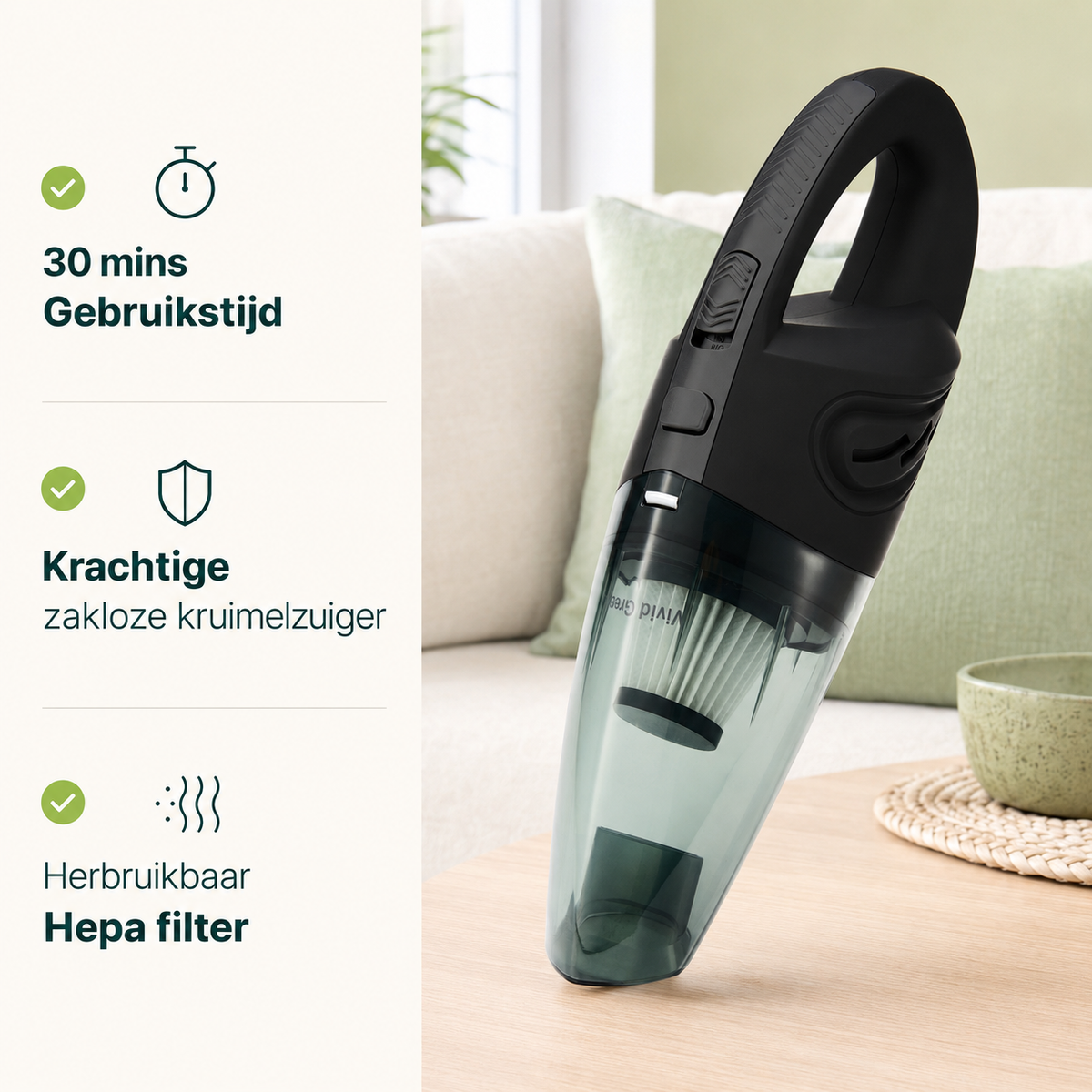 Aspirateur à main sans fil Vivid Green avec 5 embouts - Noir