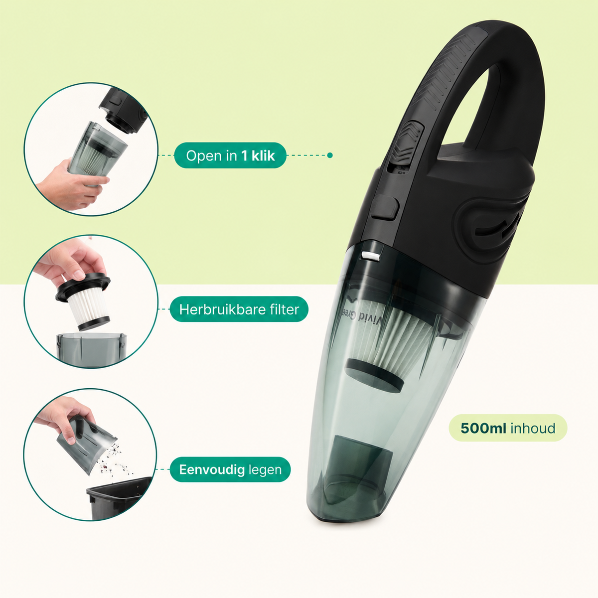 Aspirateur à main sans fil Vivid Green avec 5 embouts - Noir