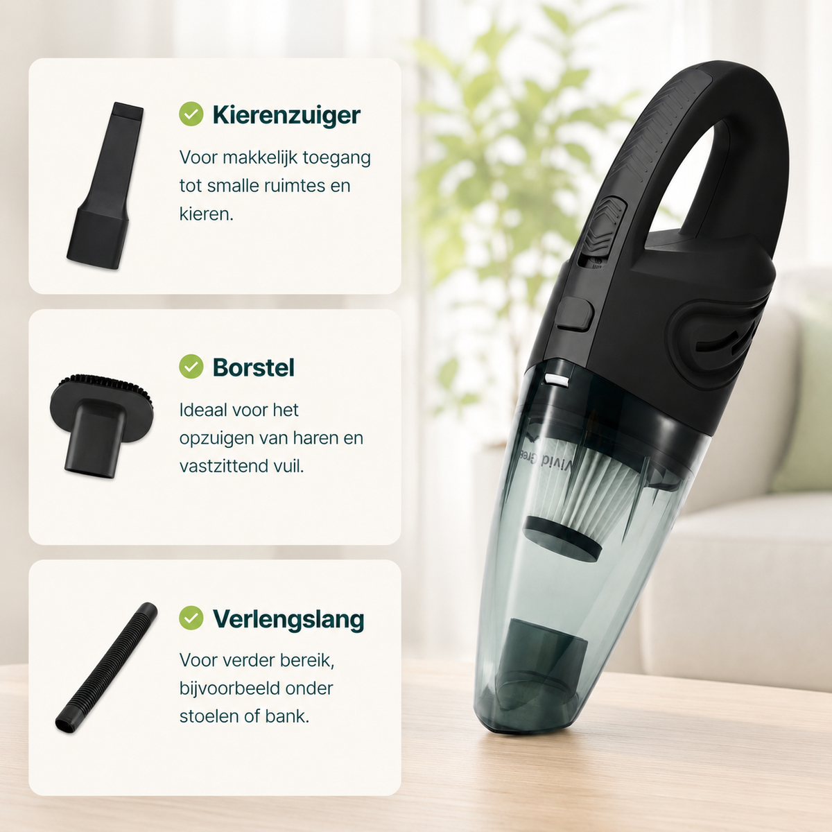 Aspirateur à main sans fil Vivid Green avec 5 embouts - Noir
