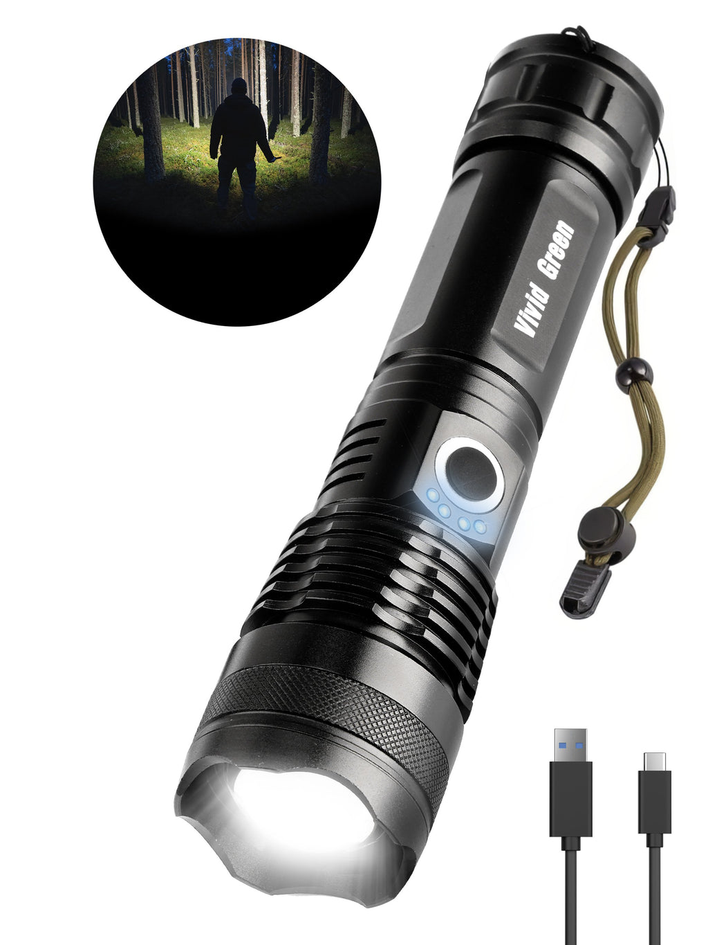 Lampe torche rechargeable Vivid Green 5000 mAh - 2500 lumens - Noir