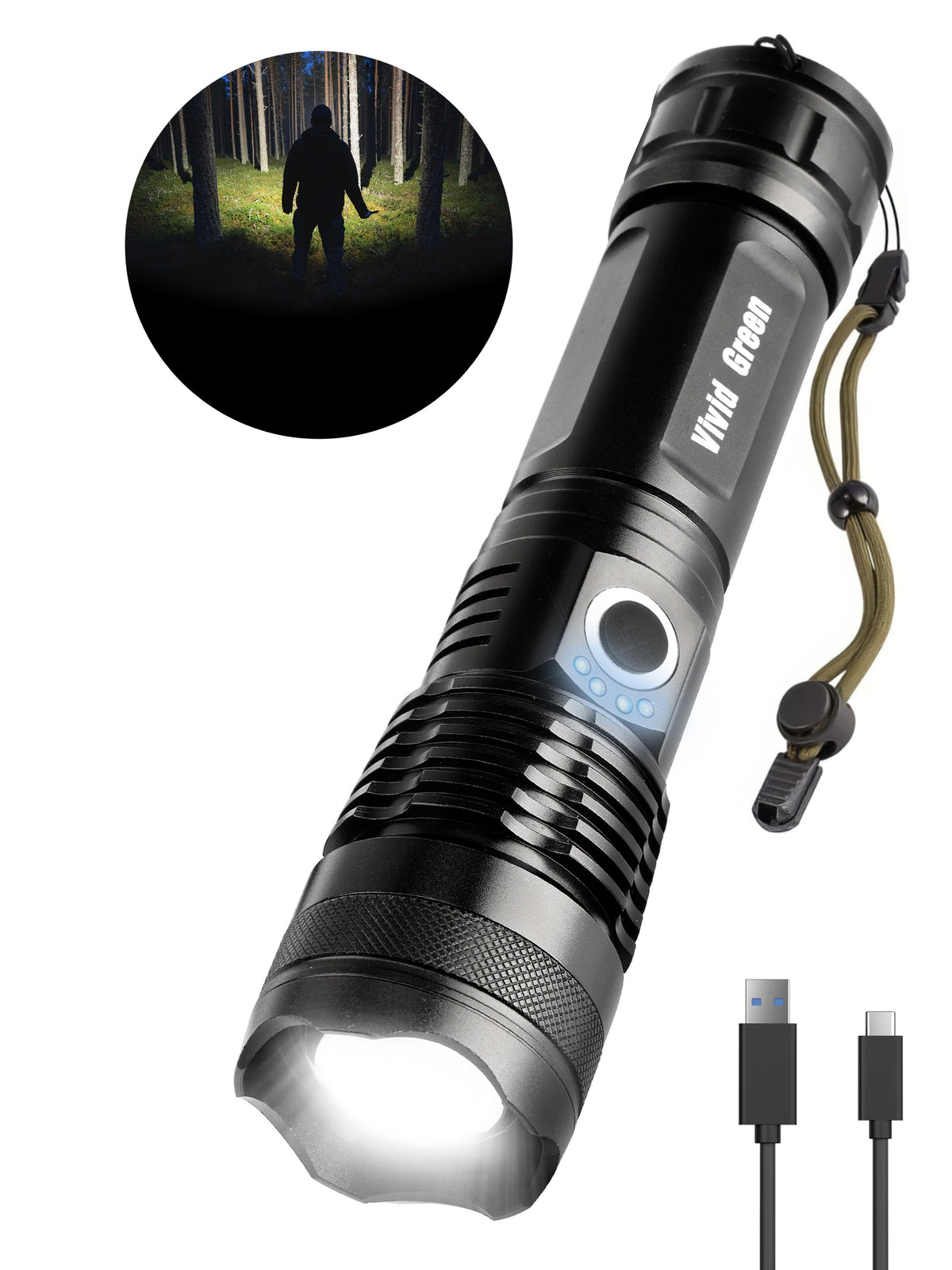 Lampe torche rechargeable Vivid Green 5000 mAh - 2500 lumens - Noir