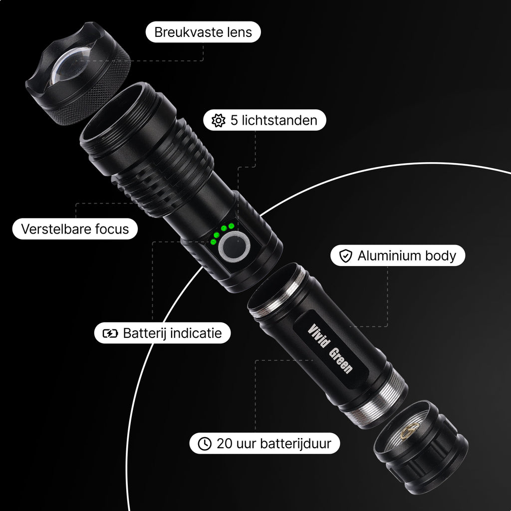 Lampe torche rechargeable Vivid Green 5000 mAh - 2500 lumens - Noir