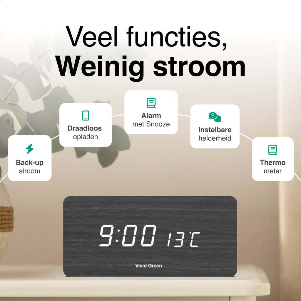 Réveil numérique en bois Vivid Green avec chargement sans fil