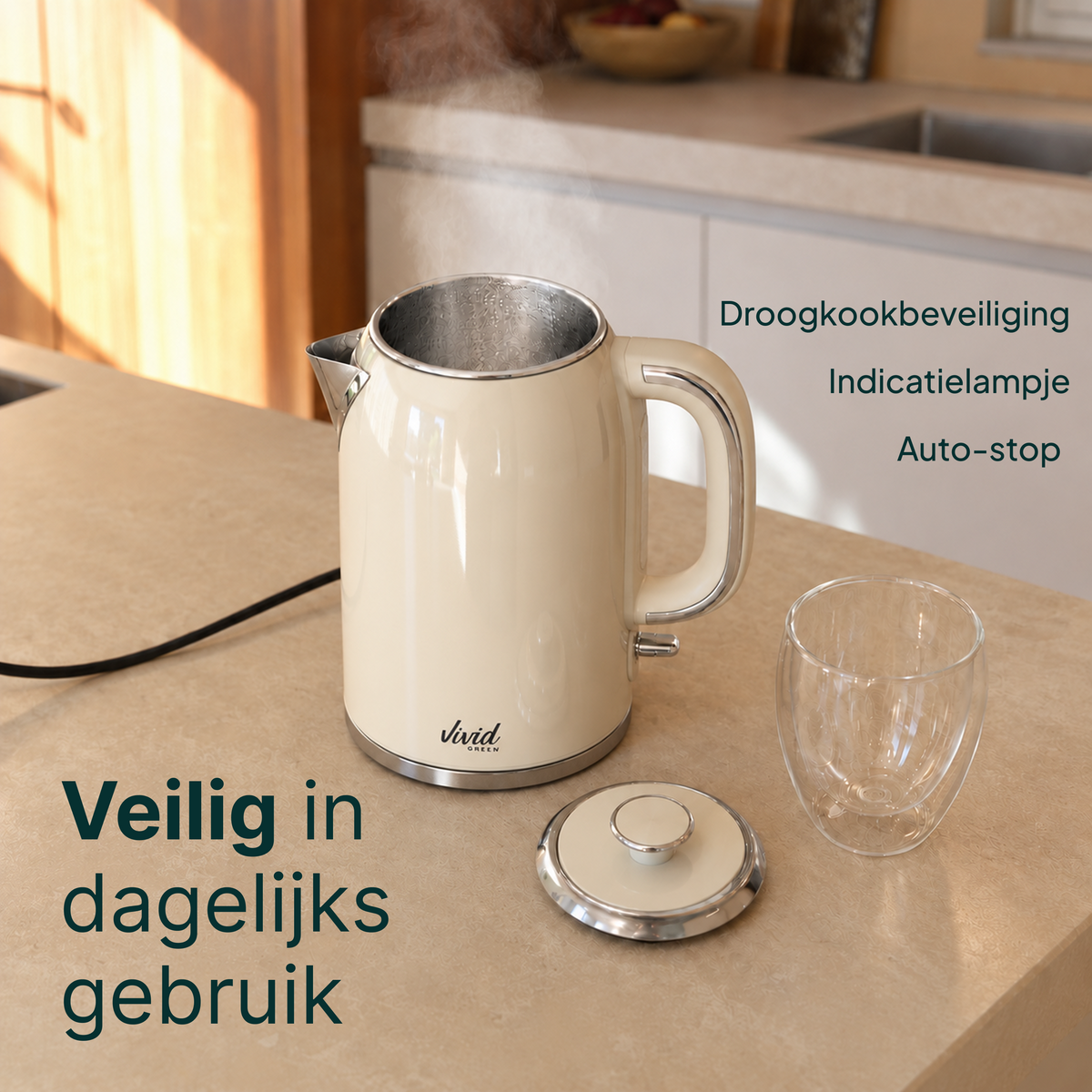 Bouilloire Luxe Vivid Green Design Rétro - Crème